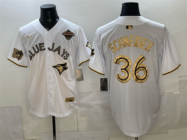 Men's Toronto Blue Jays #36 Davis Schneider White Gold 2025 American League Champions Limited Stitched Baseball Jersey Men's Toronto Blue Jays #36 Davis Schneider White Gold 2025 American League Champions Limited Stitched Baseball Jersey
